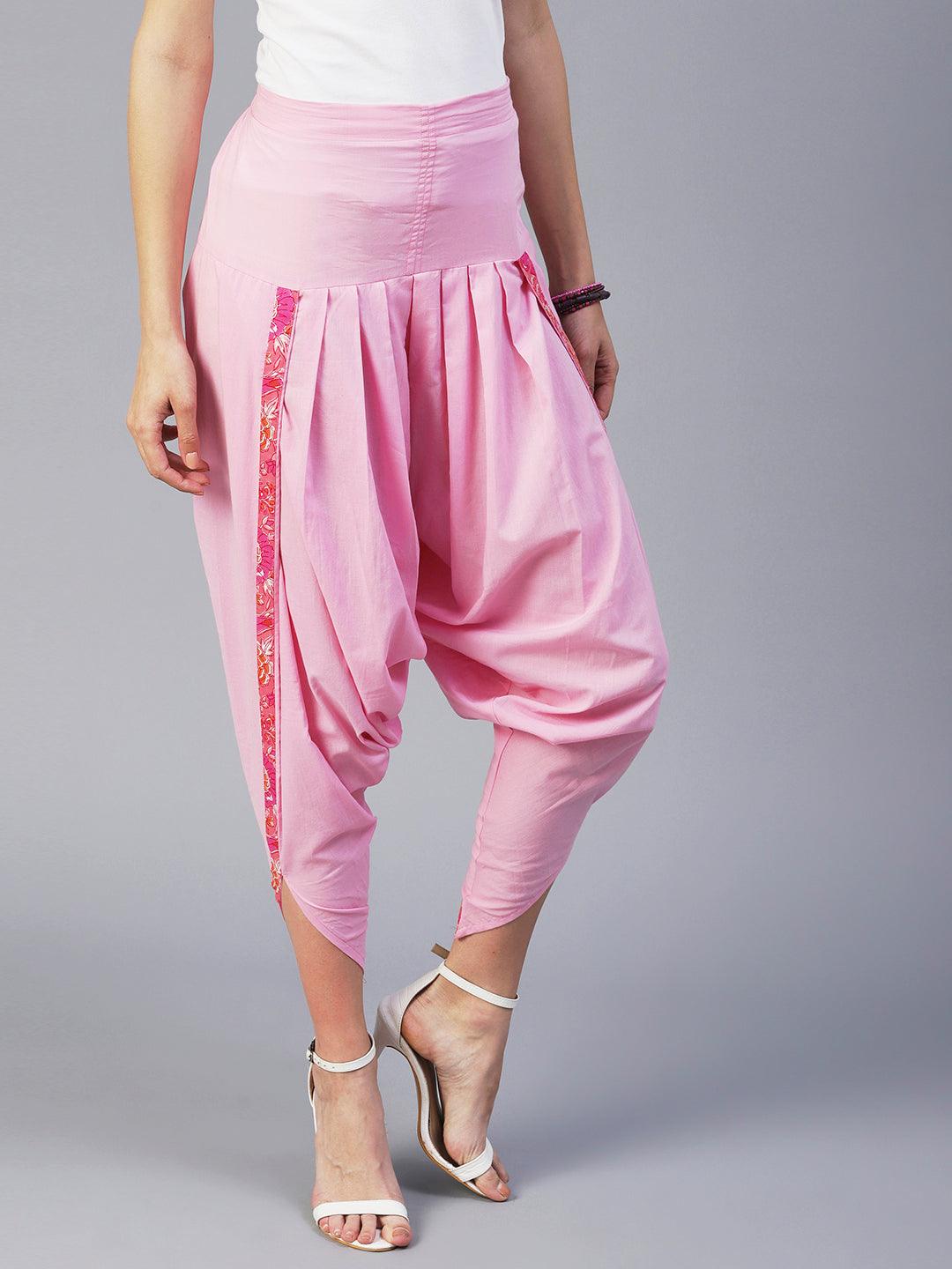 Solid Pink Cotton Dhoti Pant - Pink - Indiakreations