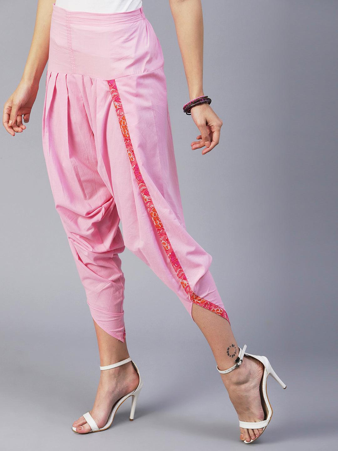 Solid Pink Cotton Dhoti Pant - Pink - Indiakreations