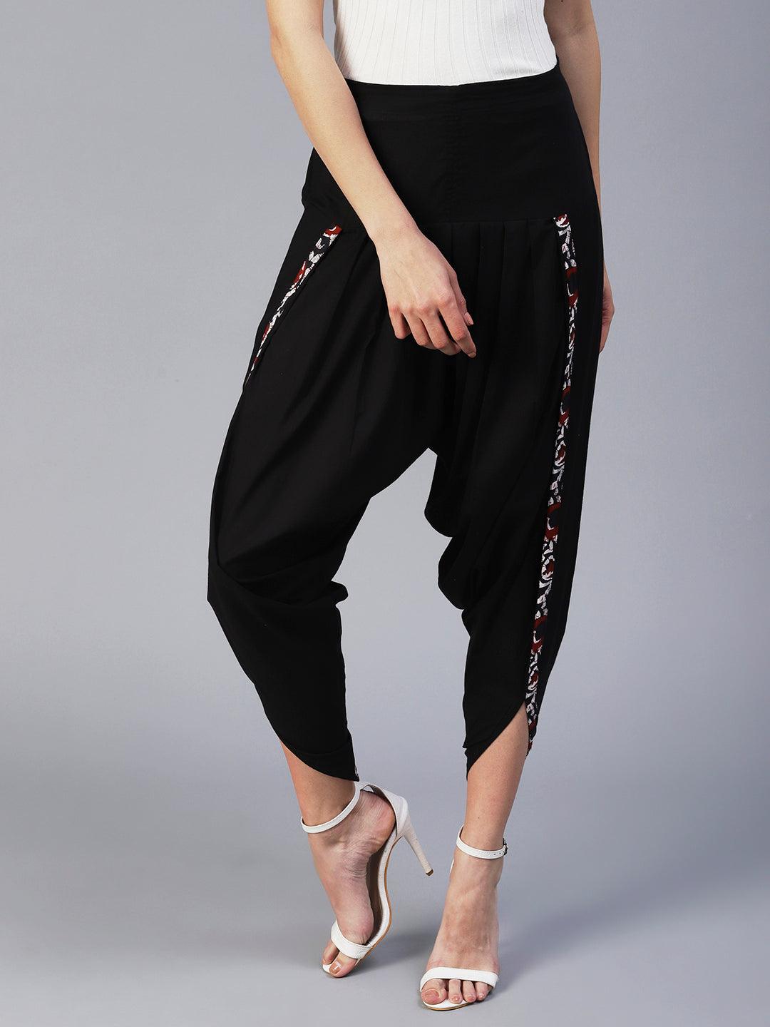 Solid Black Cotton Dhoti Pant - Black - Indiakreations