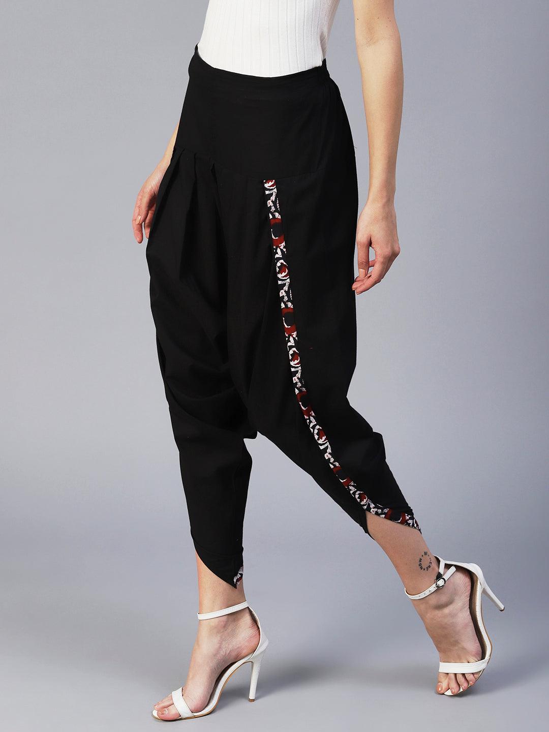 Solid Black Cotton Dhoti Pant - Black - Indiakreations