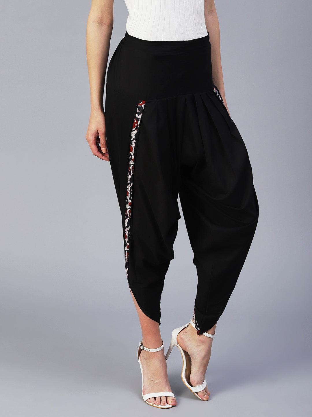 Solid Black Cotton Dhoti Pant - Black - Indiakreations