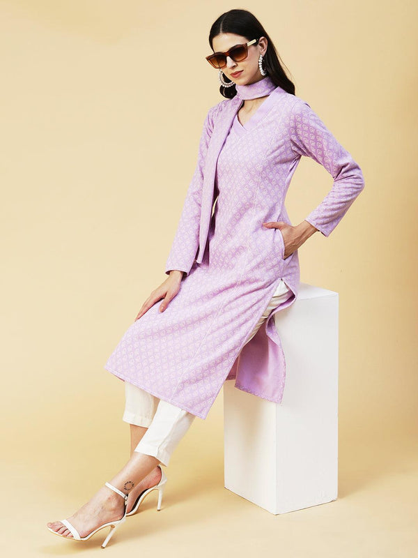 Winter Edition Ethnic Printed Straight Fit Kurta with Stole - Lavender - Indiakreations