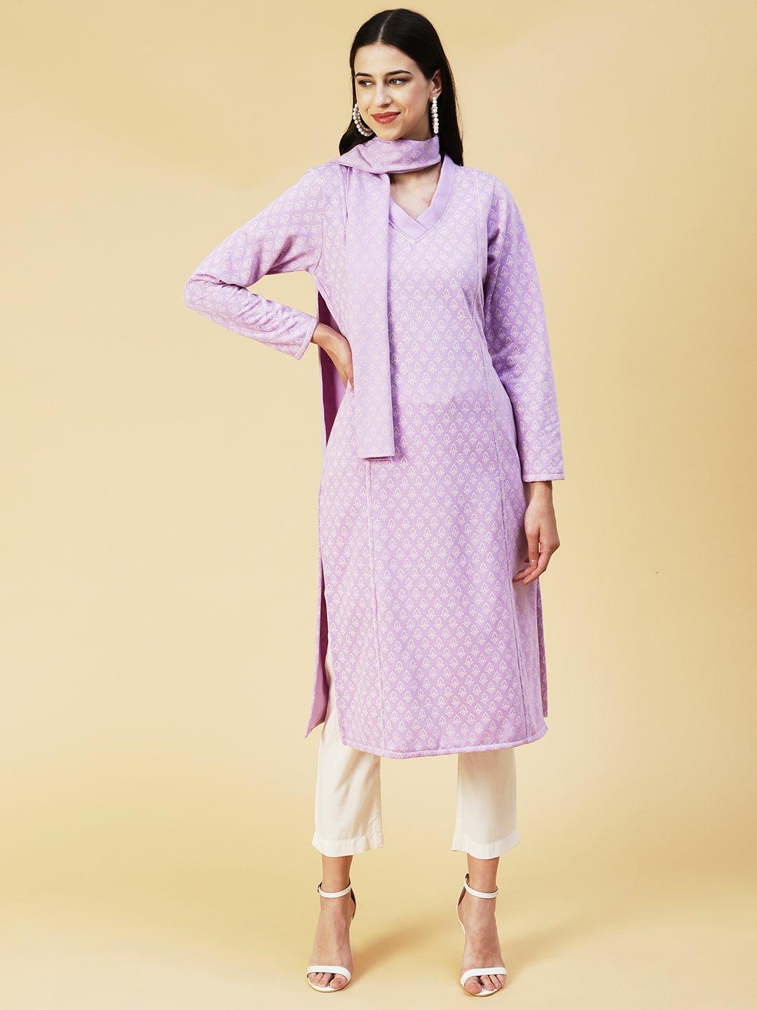 Winter Edition Ethnic Printed Straight Fit Kurta with Stole - Lavender - Indiakreations