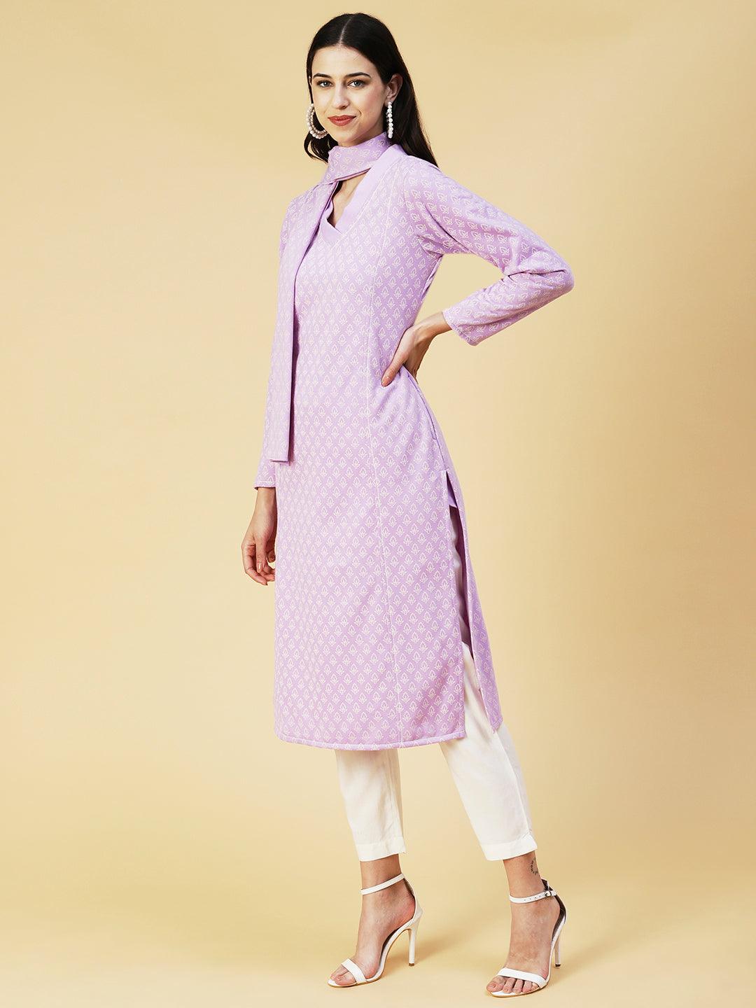 Winter Edition Ethnic Printed Straight Fit Kurta with Stole - Lavender - Indiakreations