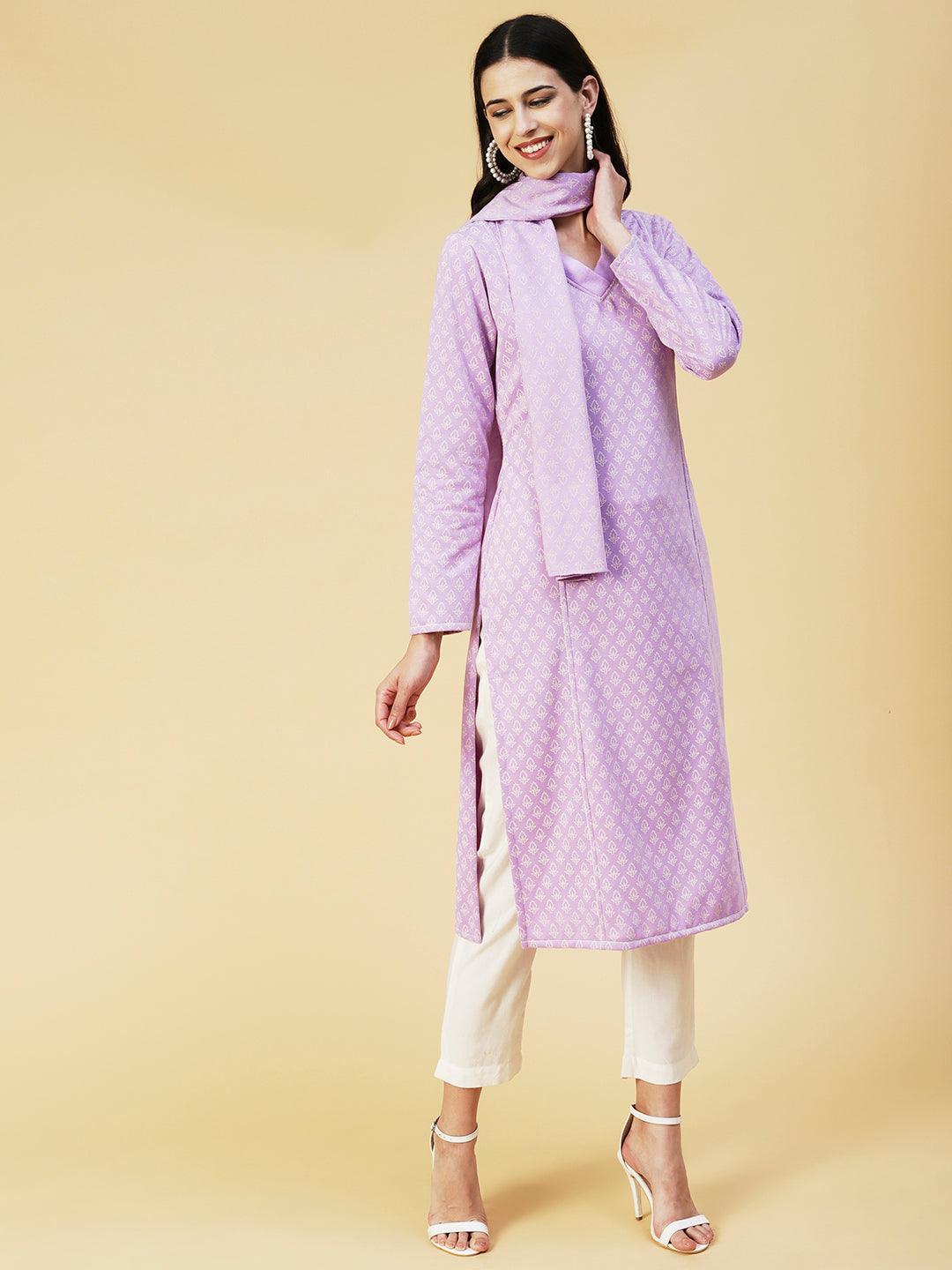 Winter Edition Ethnic Printed Straight Fit Kurta with Stole - Lavender - Indiakreations