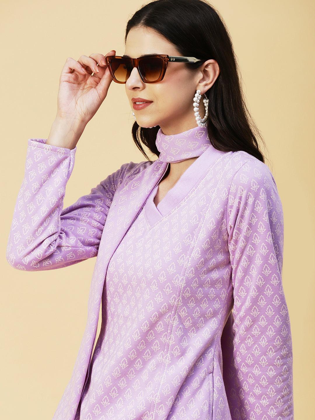 Winter Edition Ethnic Printed Straight Fit Kurta with Stole - Lavender - Indiakreations