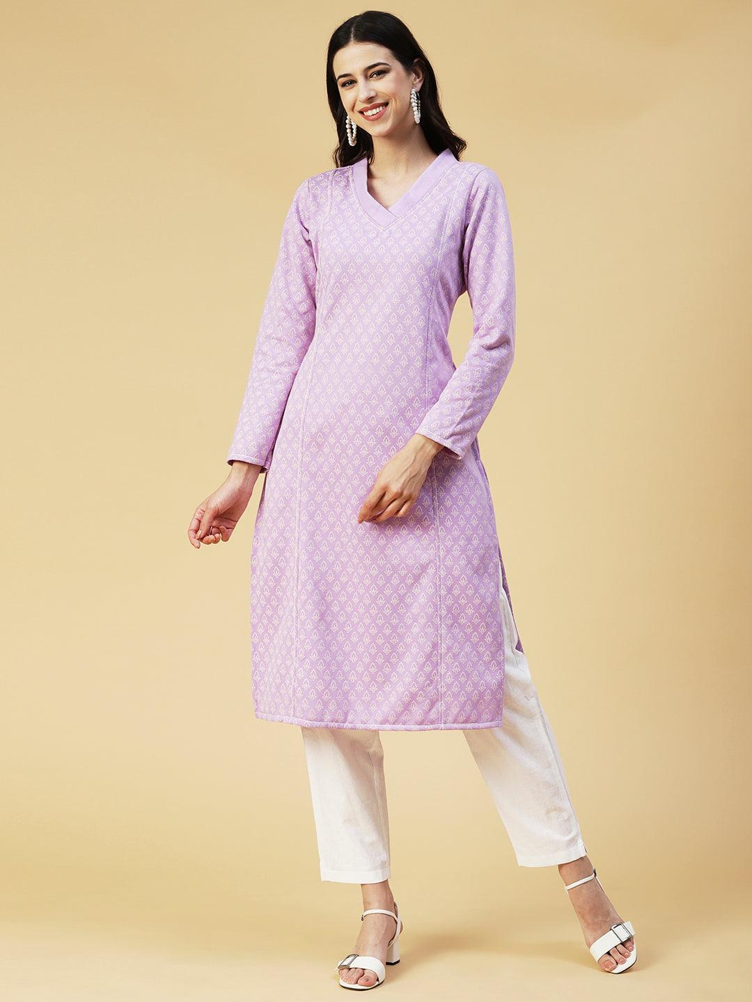 Winter Edition Ethnic Printed Straight Fit Kurta with Stole - Lavender - Indiakreations