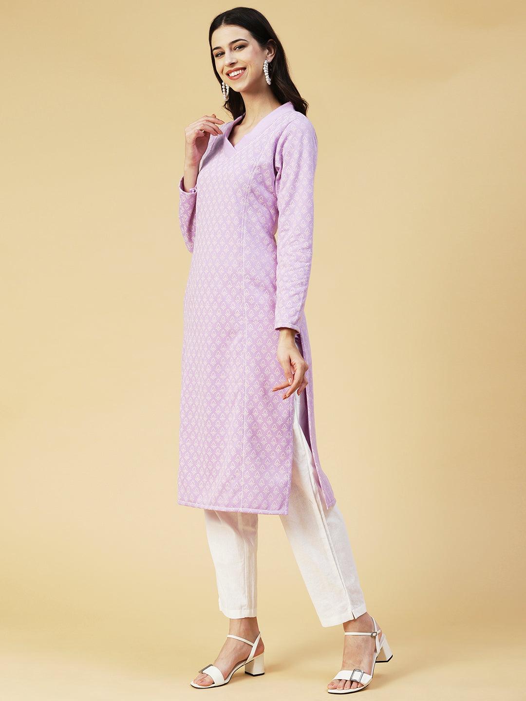 Winter Edition Ethnic Printed Straight Fit Kurta with Stole - Lavender - Indiakreations