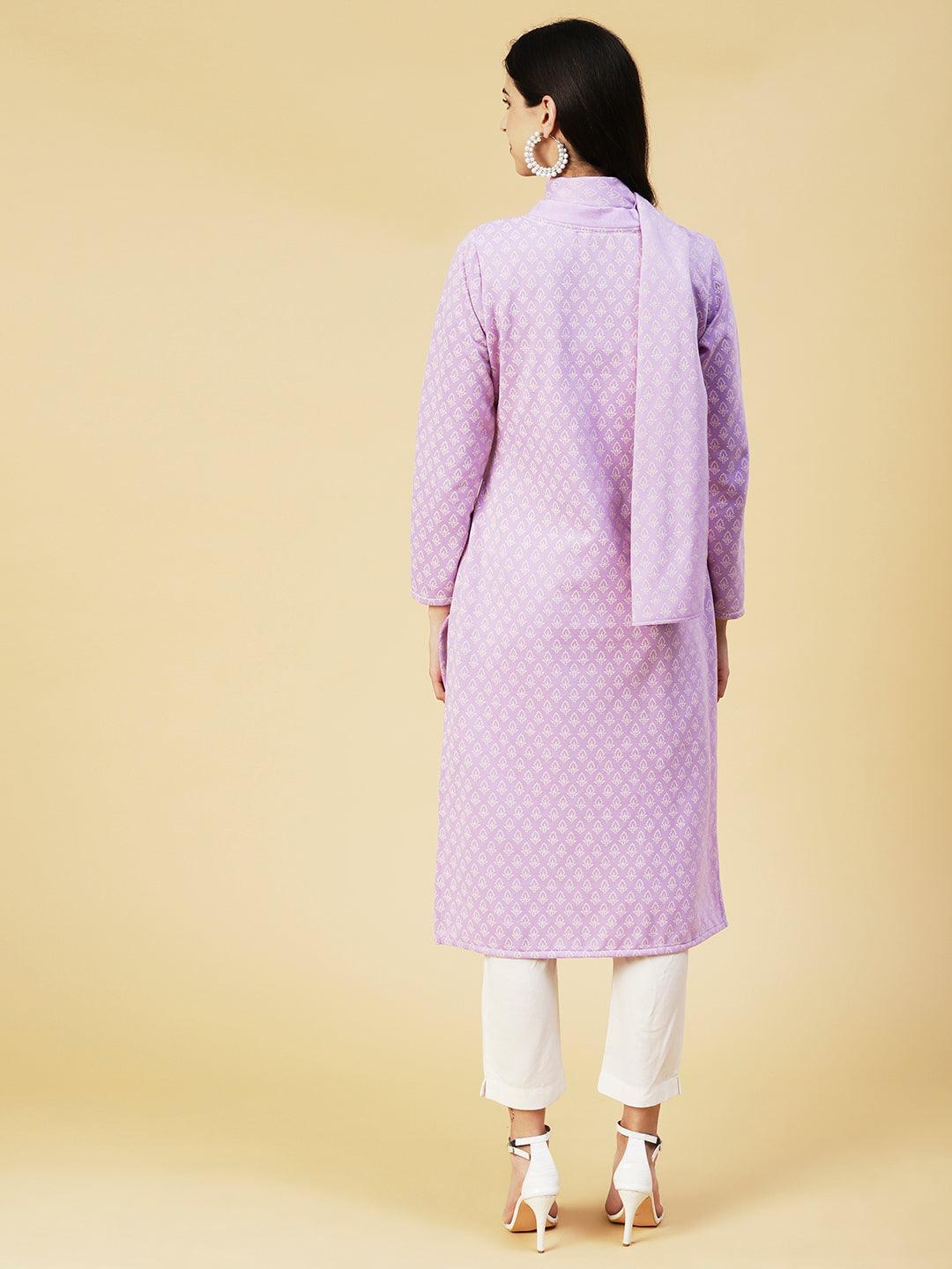 Winter Edition Ethnic Printed Straight Fit Kurta with Stole - Lavender - Indiakreations