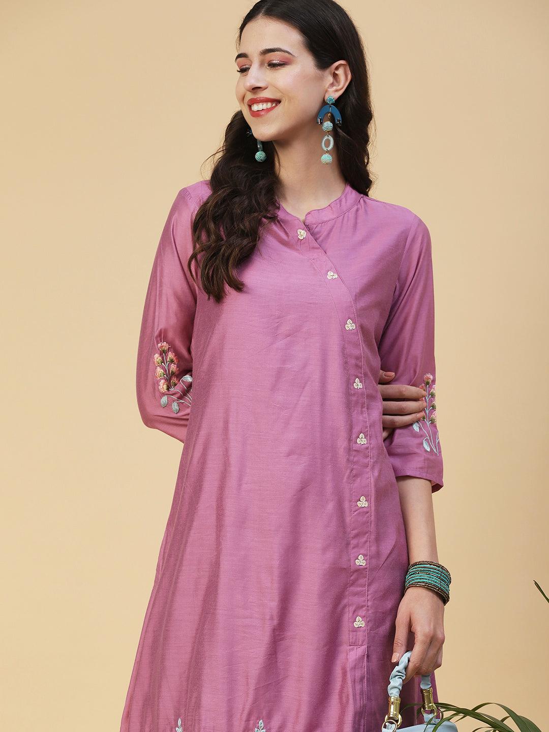 Floral Embroidered Solid Layered A-Line Midi Dress - Purple - Indiakreations