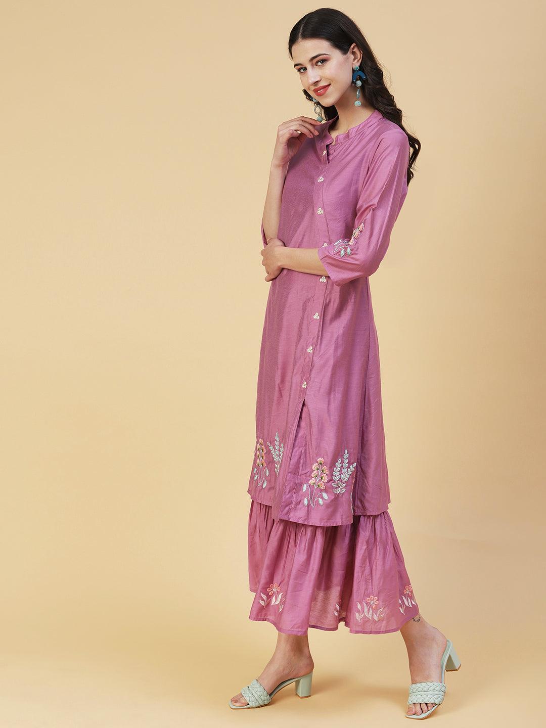 Floral Embroidered Solid Layered A-Line Midi Dress - Purple - Indiakreations