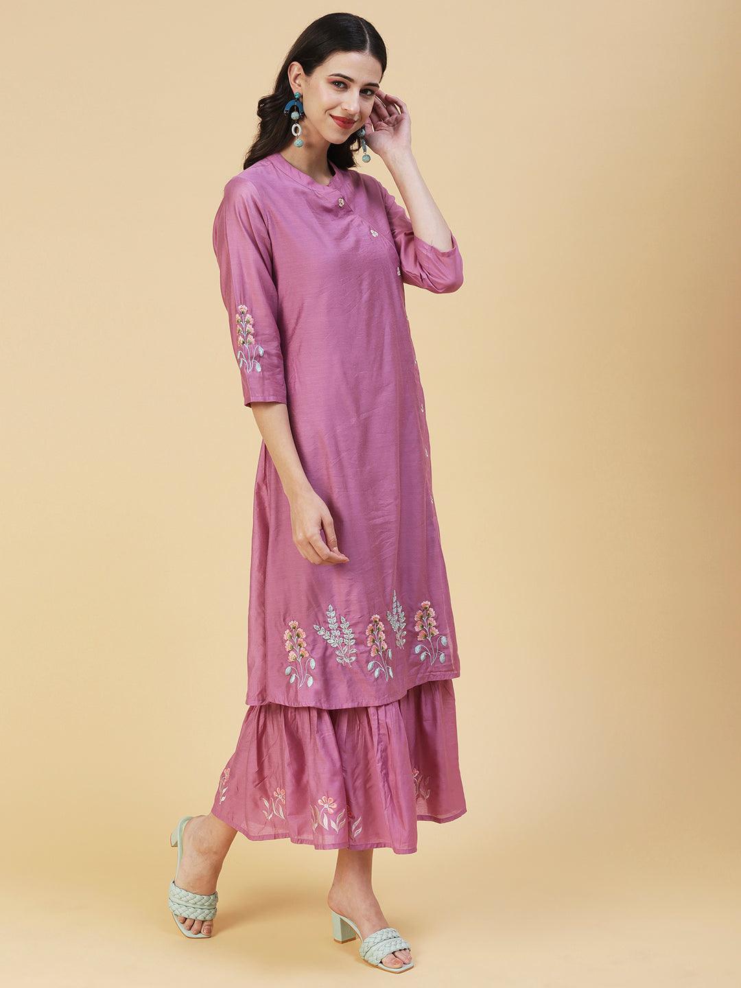 Floral Embroidered Solid Layered A-Line Midi Dress - Purple - Indiakreations