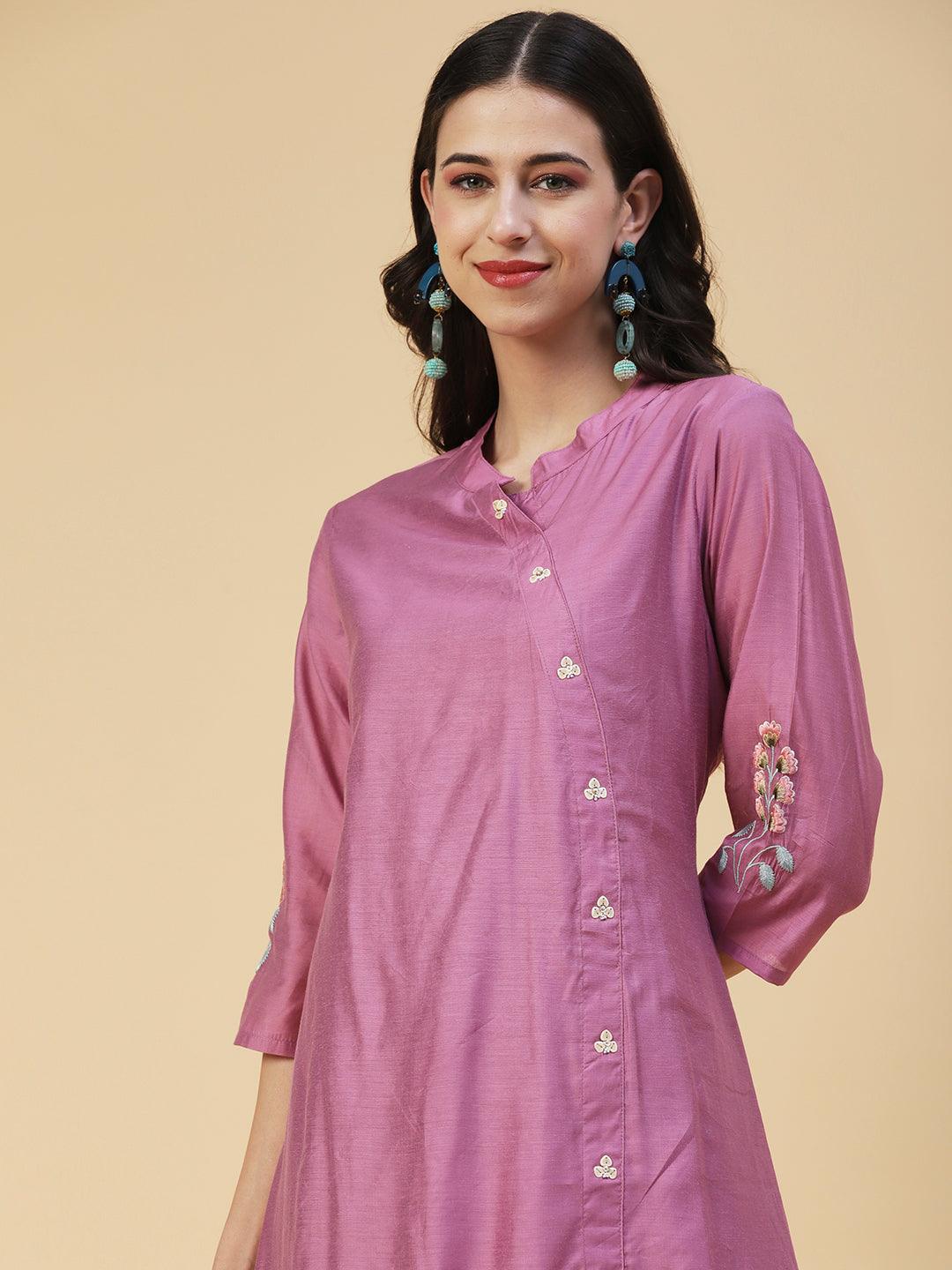 Floral Embroidered Solid Layered A-Line Midi Dress - Purple - Indiakreations