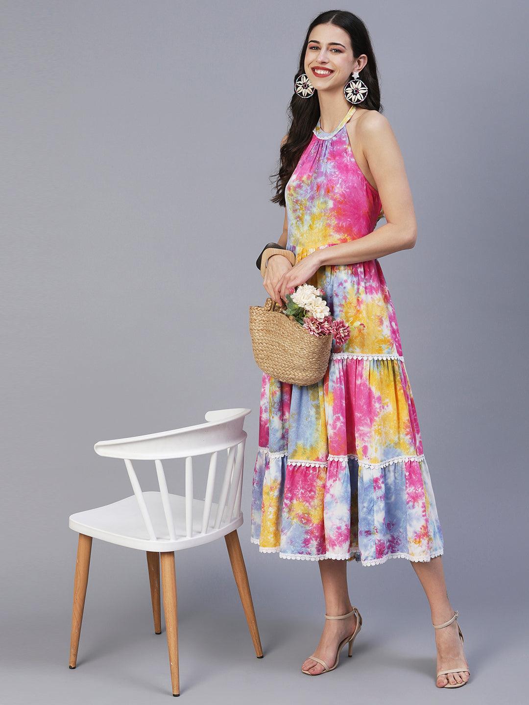 Abstract Tie - Dye Printed Tiered Flared Midi Dress - Multi - Indiakreations