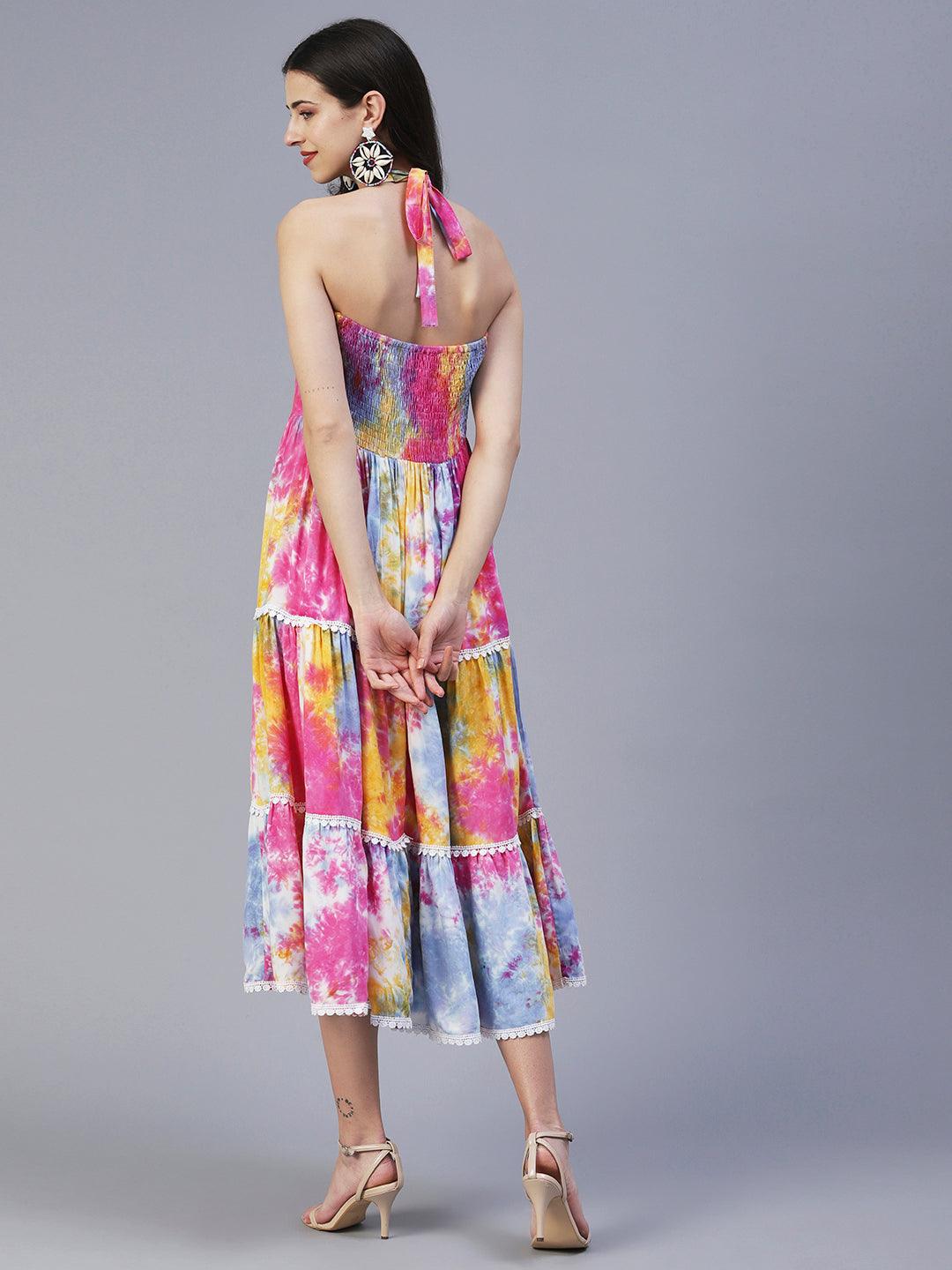 Abstract Tie - Dye Printed Tiered Flared Midi Dress - Multi - Indiakreations