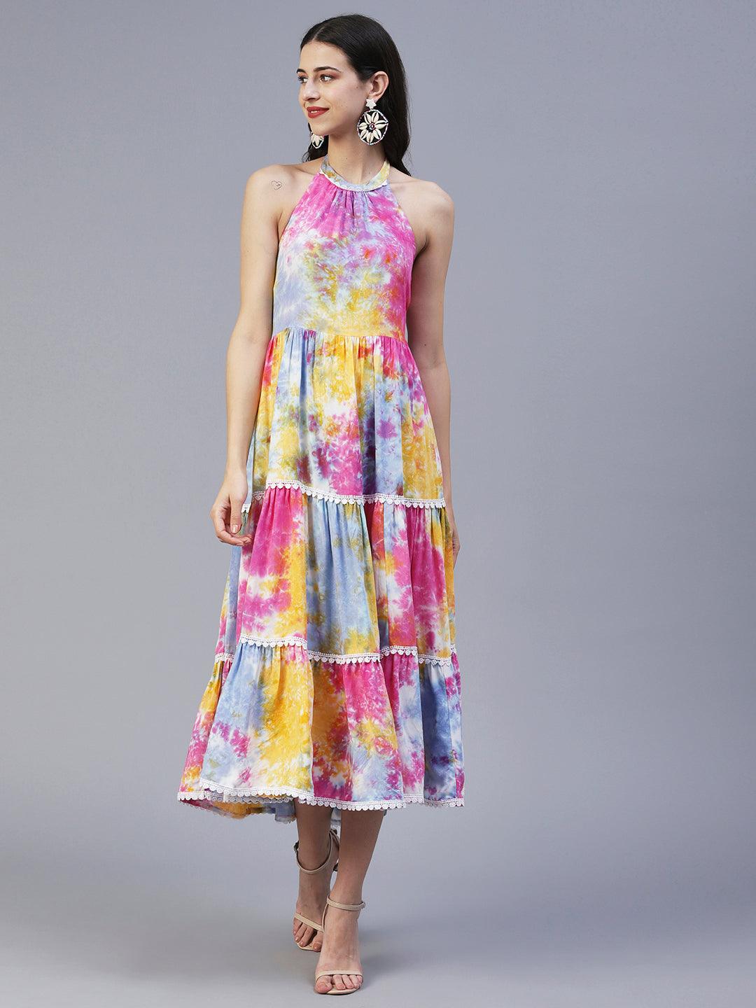 Abstract Tie - Dye Printed Tiered Flared Midi Dress - Multi - Indiakreations