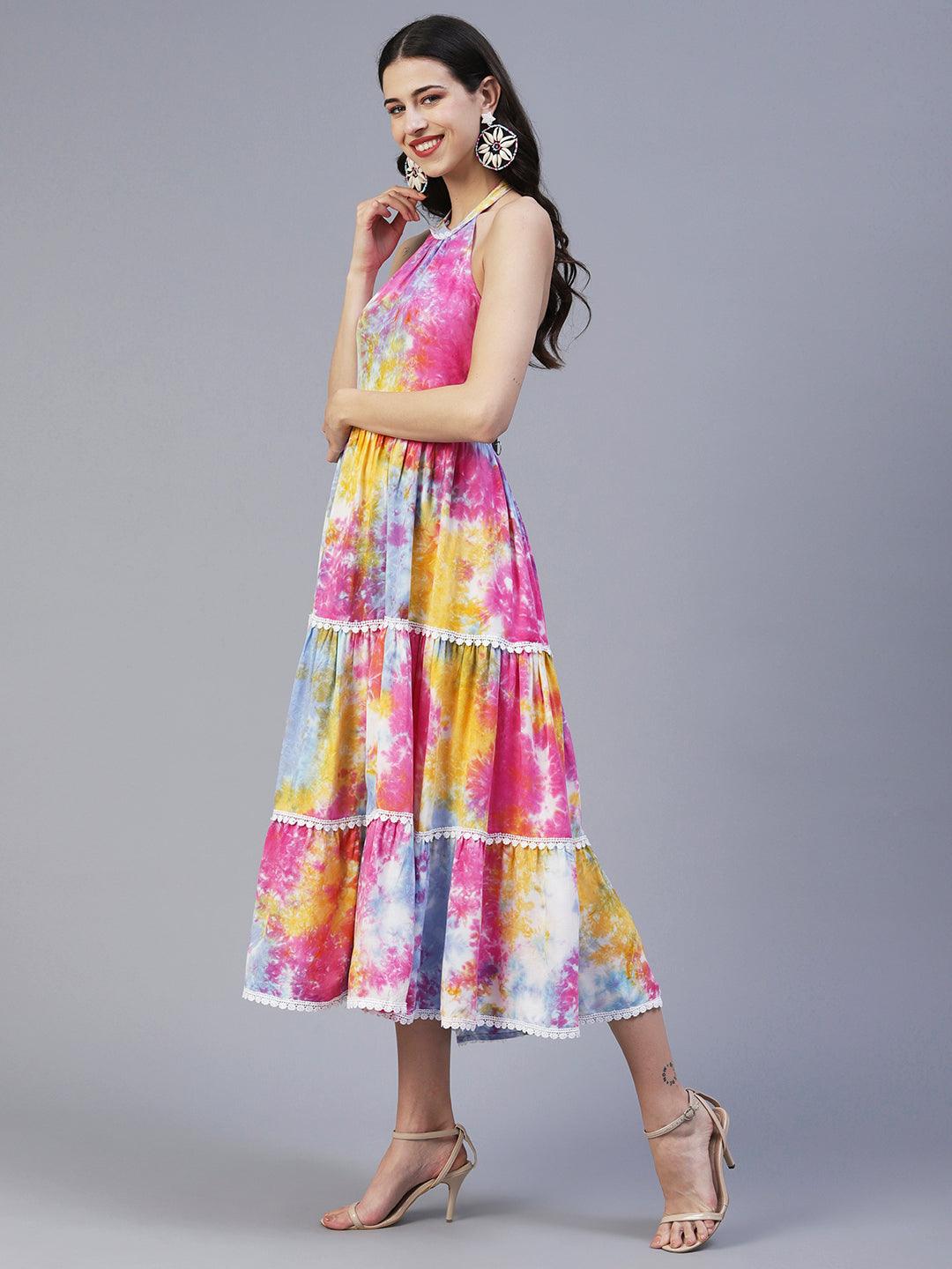 Abstract Tie - Dye Printed Tiered Flared Midi Dress - Multi - Indiakreations