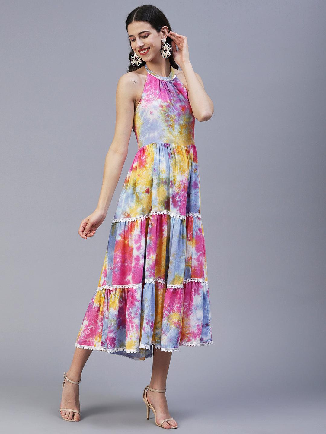 Abstract Tie - Dye Printed Tiered Flared Midi Dress - Multi - Indiakreations