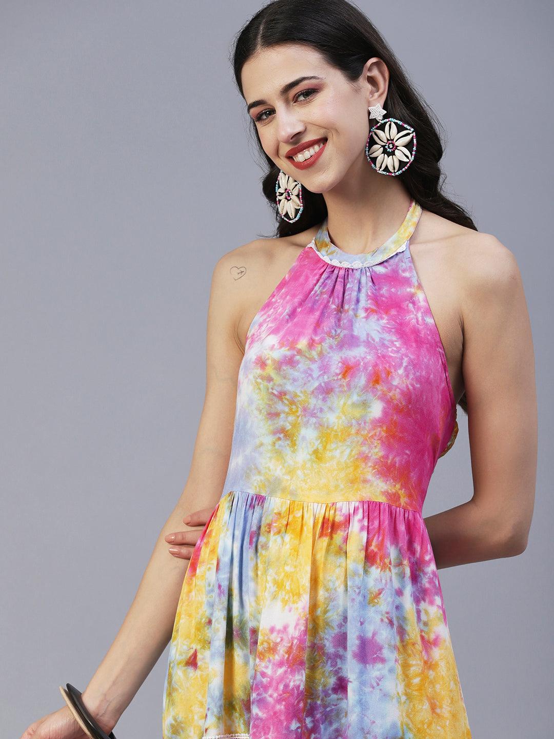 Abstract Tie - Dye Printed Tiered Flared Midi Dress - Multi - Indiakreations