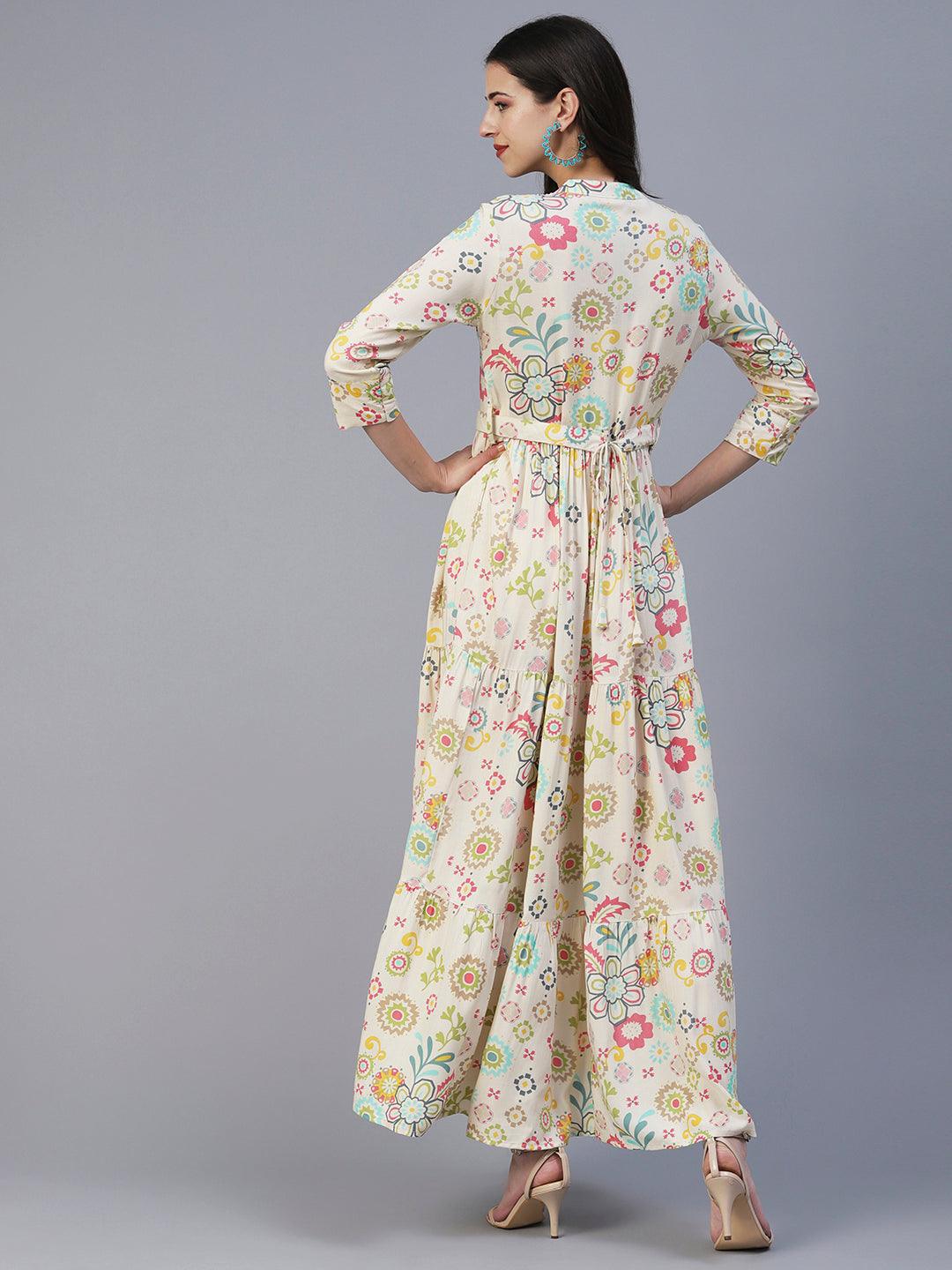 Graphic Floral Printed Tiered Fit & Flare Maxi Dress - Cream - Indiakreations