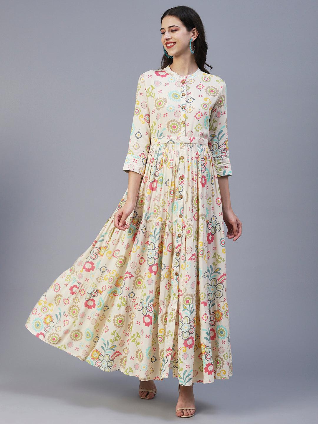 Graphic Floral Printed Tiered Fit & Flare Maxi Dress - Cream - Indiakreations