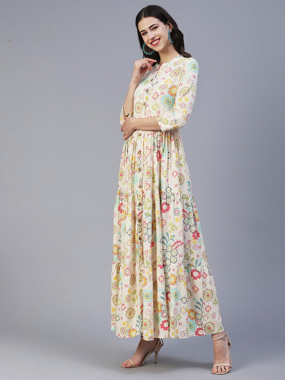 Graphic Floral Printed Tiered Fit & Flare Maxi Dress - Cream - Indiakreations