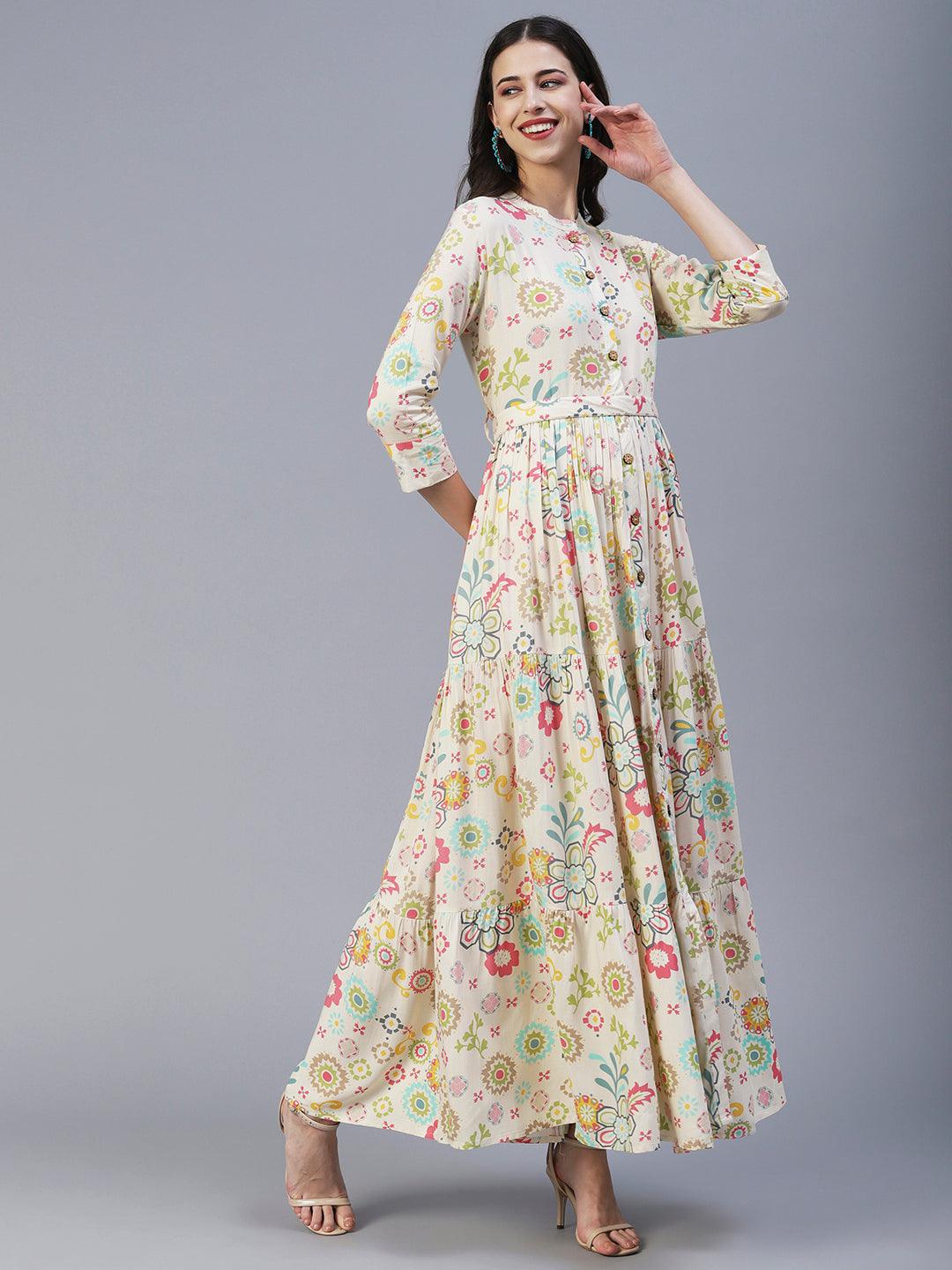 Graphic Floral Printed Tiered Fit & Flare Maxi Dress - Cream - Indiakreations