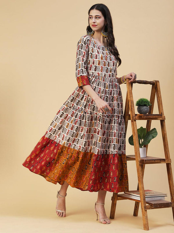 Ethnic Tribal Printed & Hand Embroidered Fit & Flare Maxi Dress - Beige - Indiakreations