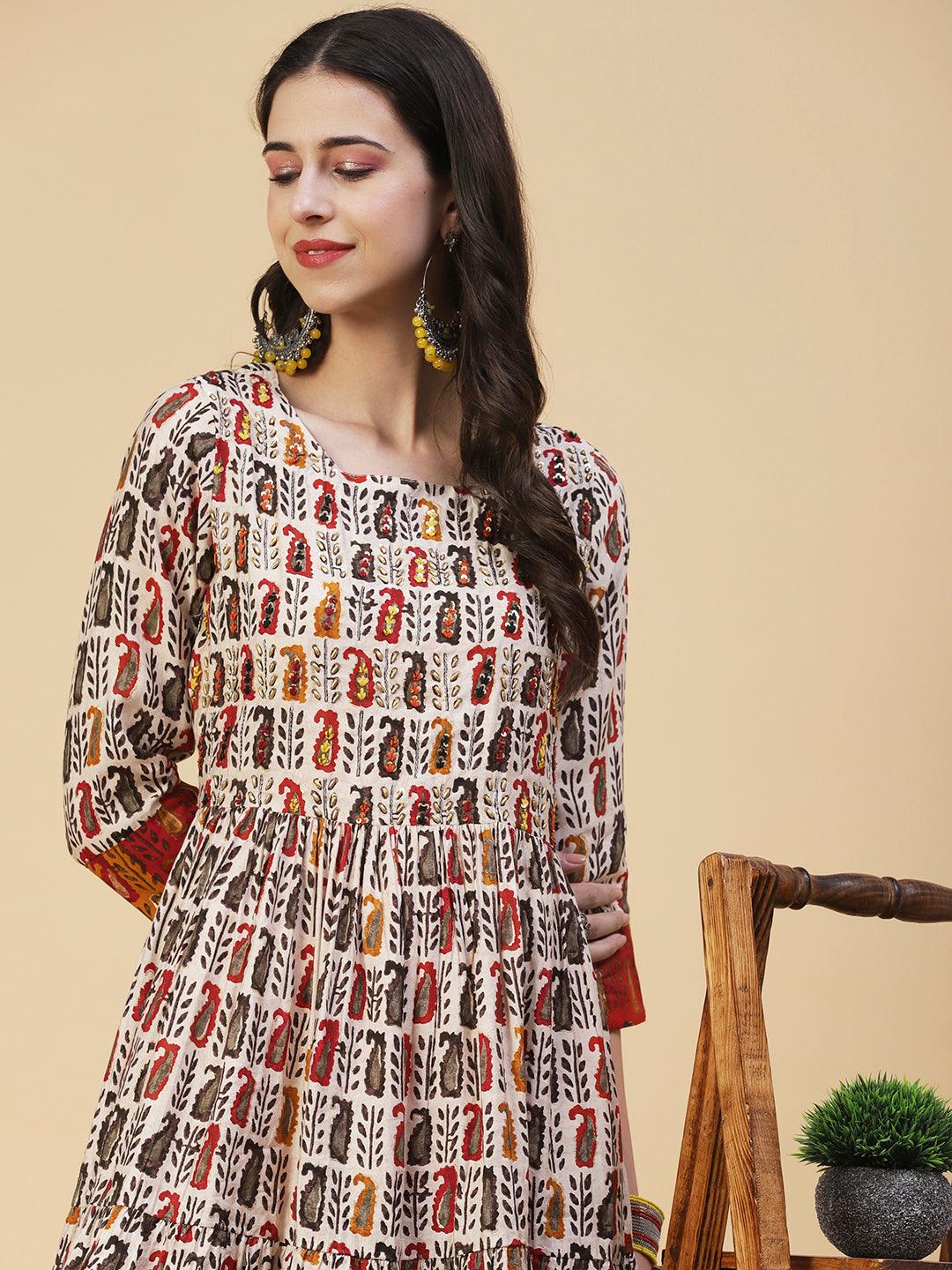 Ethnic Tribal Printed & Hand Embroidered Fit & Flare Maxi Dress - Beige - Indiakreations