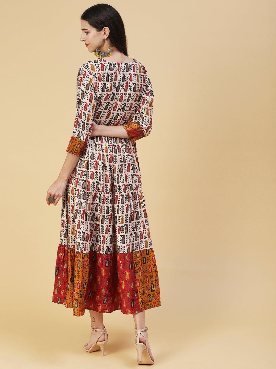 Ethnic Tribal Printed & Hand Embroidered Fit & Flare Maxi Dress - Beige - Indiakreations