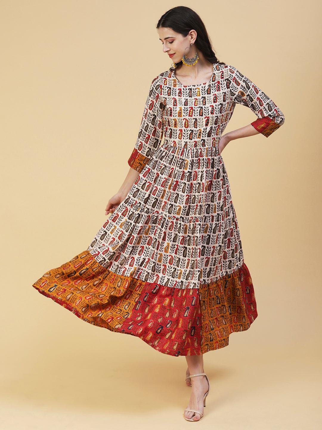 Ethnic Tribal Printed & Hand Embroidered Fit & Flare Maxi Dress - Beige - Indiakreations