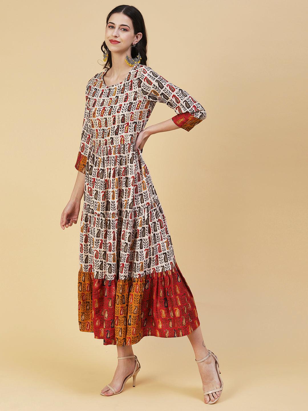 Ethnic Tribal Printed & Hand Embroidered Fit & Flare Maxi Dress - Beige - Indiakreations