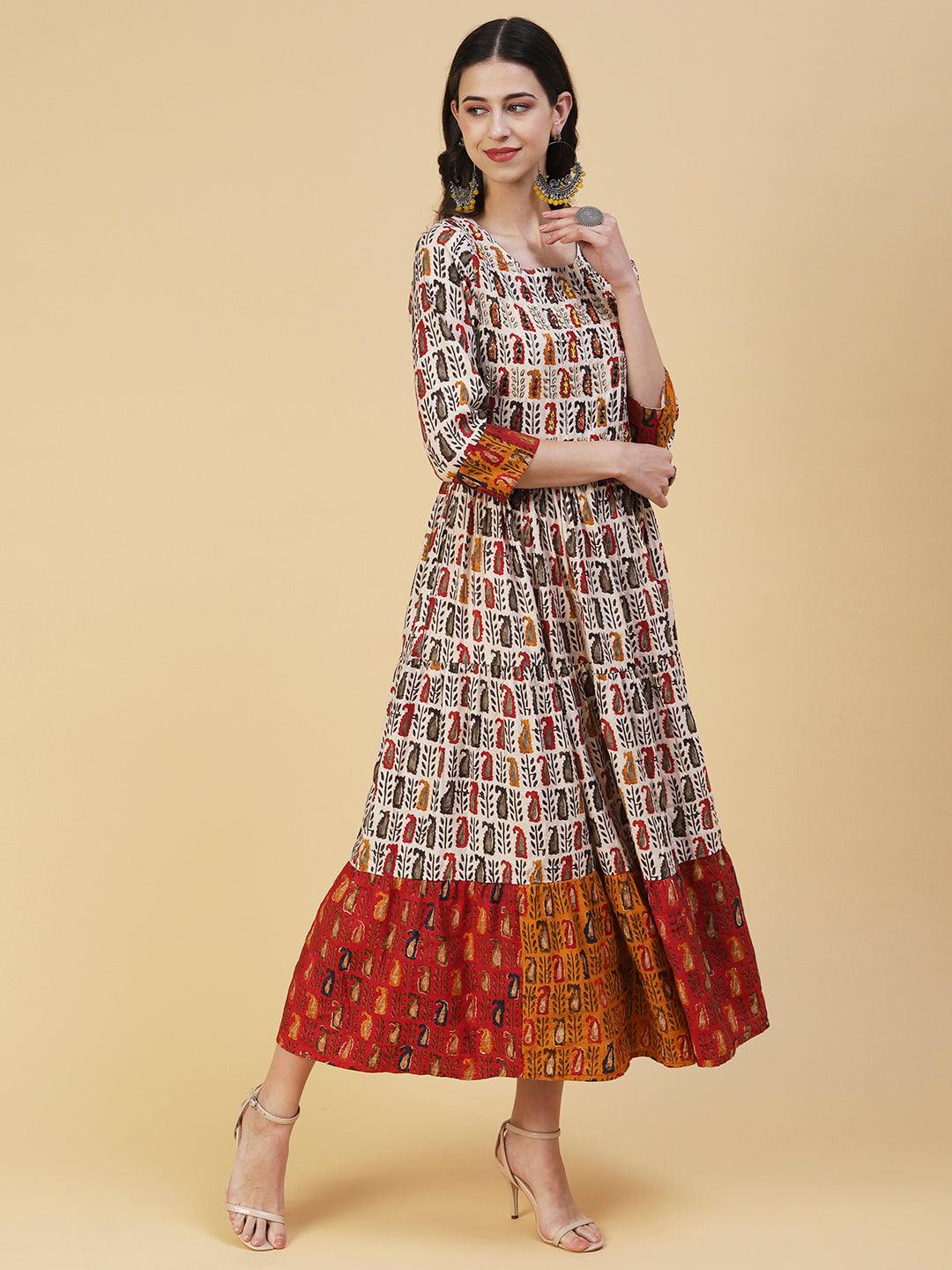 Ethnic Tribal Printed & Hand Embroidered Fit & Flare Maxi Dress - Beige - Indiakreations