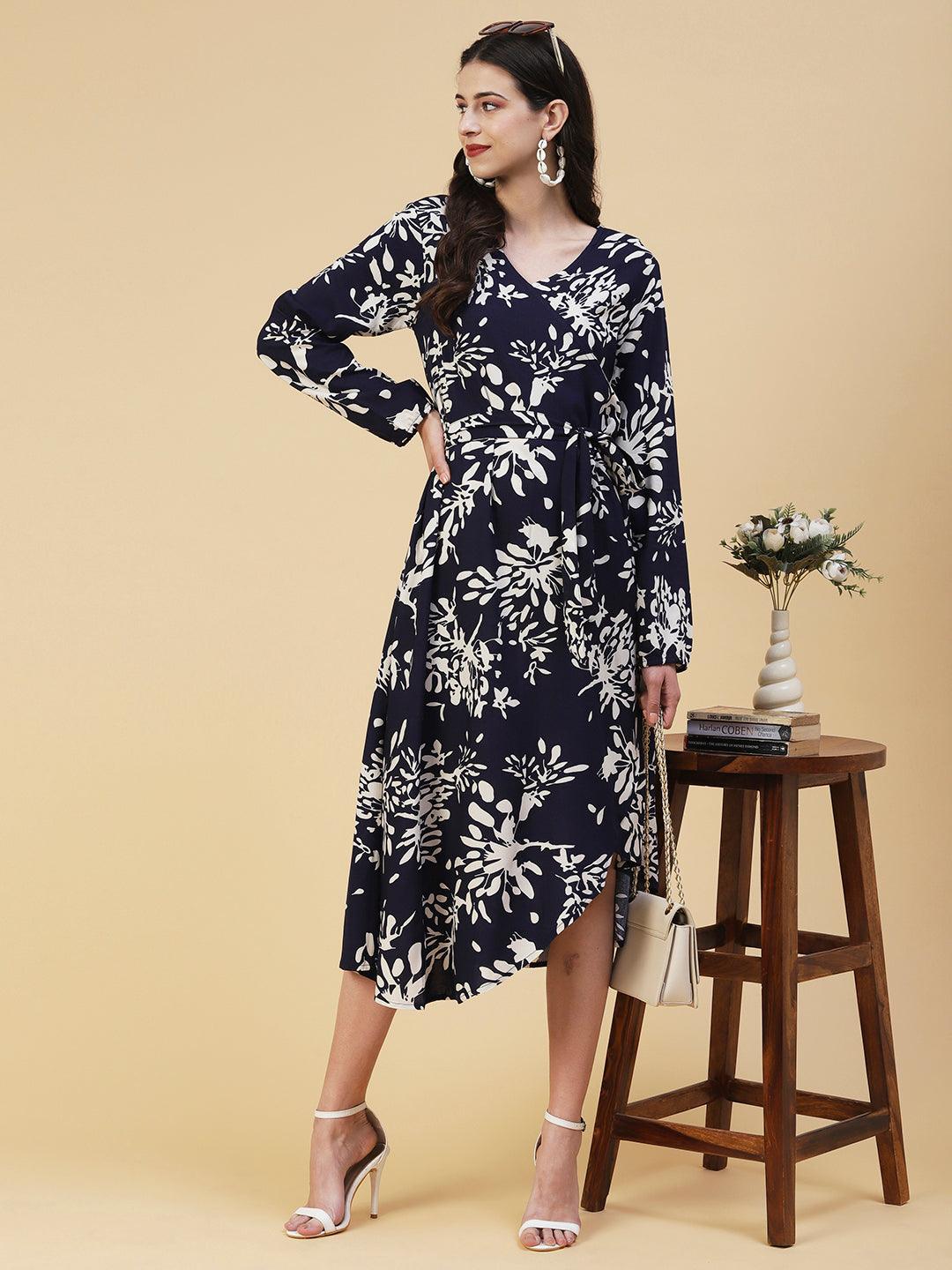 Abstract Floral Printed A-line Midi Dress - Navy Blue - Indiakreations