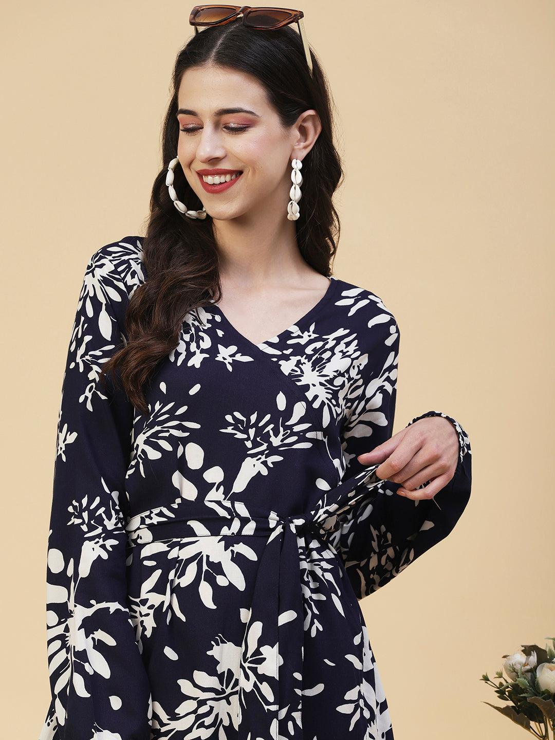 Abstract Floral Printed A-line Midi Dress - Navy Blue - Indiakreations