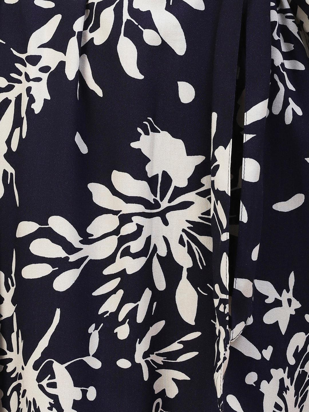 Abstract Floral Printed A-line Midi Dress - Navy Blue - Indiakreations