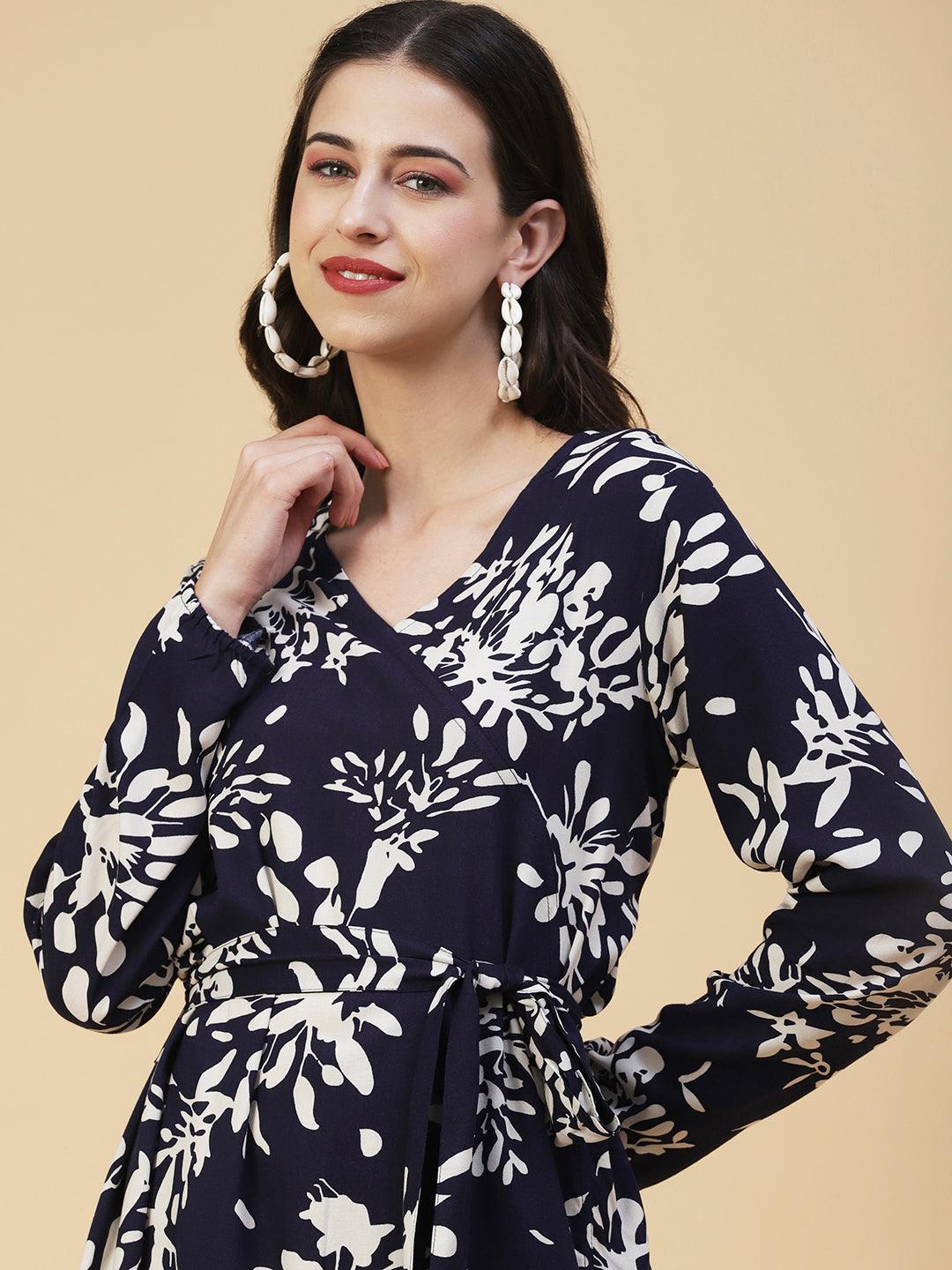 Abstract Floral Printed A-line Midi Dress - Navy Blue - Indiakreations