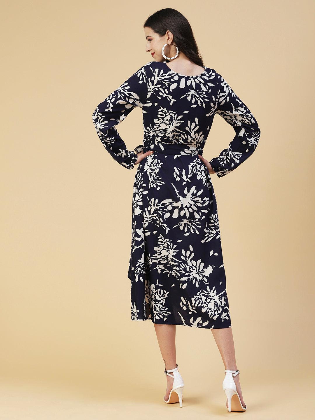 Abstract Floral Printed A-line Midi Dress - Navy Blue - Indiakreations