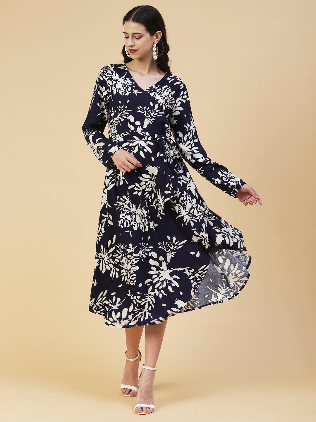 Abstract Floral Printed A-line Midi Dress - Navy Blue - Indiakreations