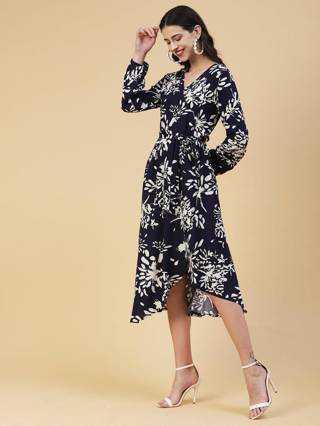 Abstract Floral Printed A-line Midi Dress - Navy Blue - Indiakreations