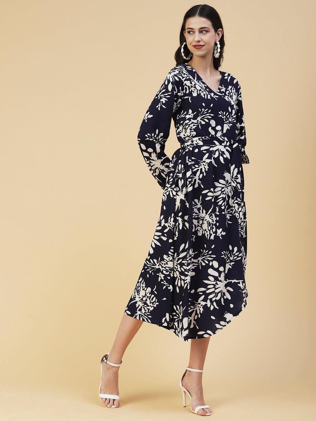 Abstract Floral Printed A-line Midi Dress - Navy Blue - Indiakreations