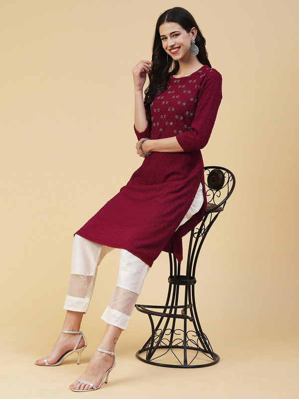 Solid Floral Hand Embroidered Straight Fit Kurta - Maroon - Indiakreations