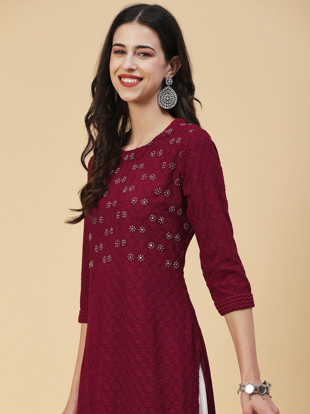 Solid Floral Hand Embroidered Straight Fit Kurta - Maroon - Indiakreations