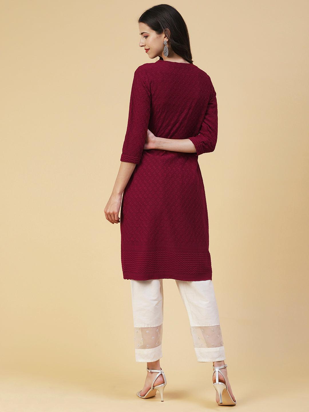 Solid Floral Hand Embroidered Straight Fit Kurta - Maroon - Indiakreations