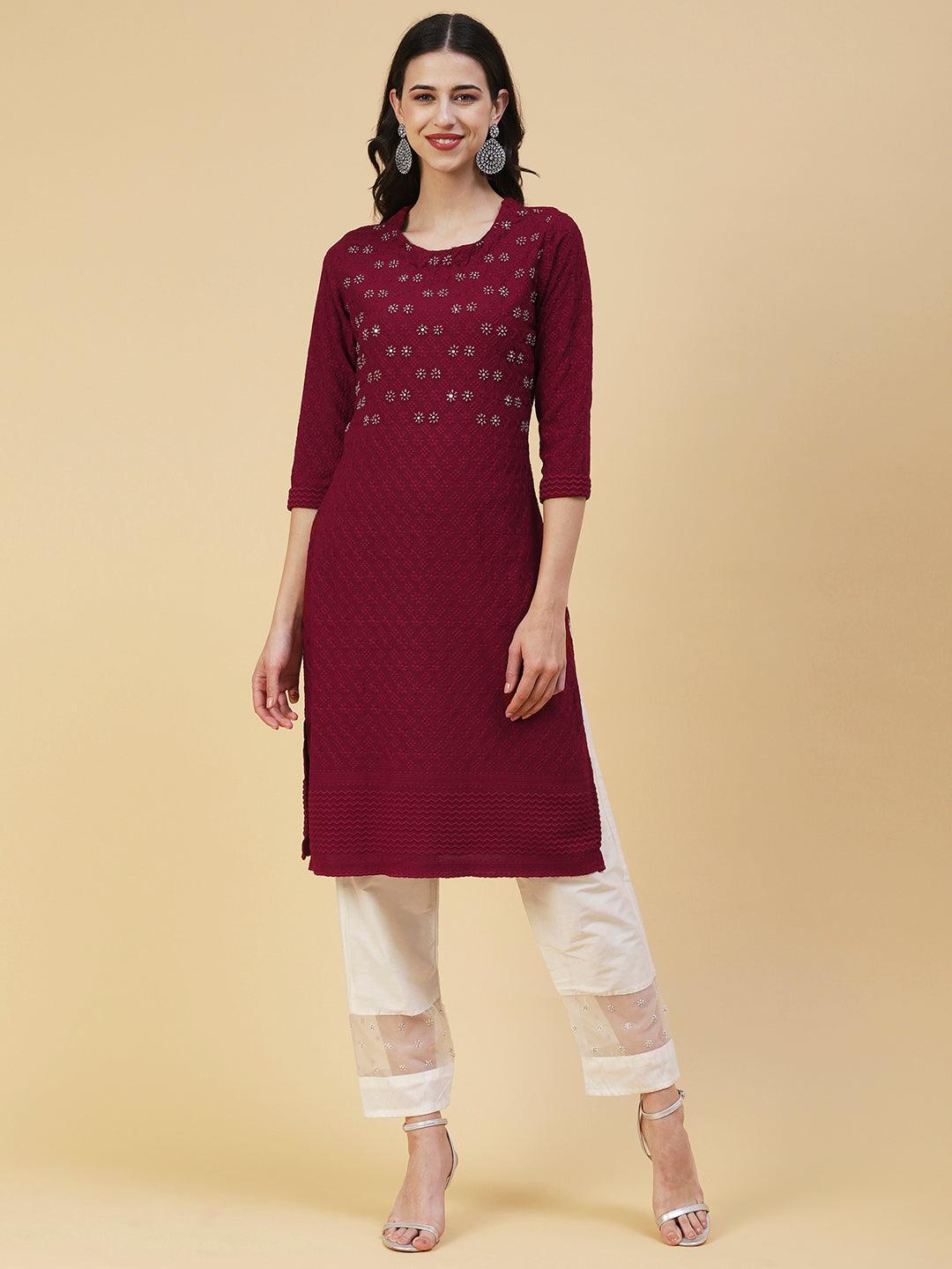 Solid Floral Hand Embroidered Straight Fit Kurta - Maroon - Indiakreations