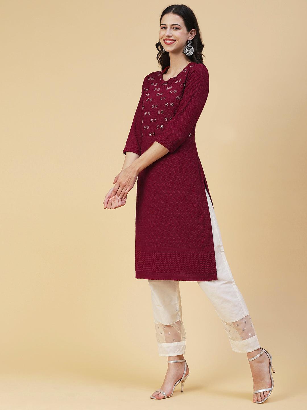 Solid Floral Hand Embroidered Straight Fit Kurta - Maroon - Indiakreations