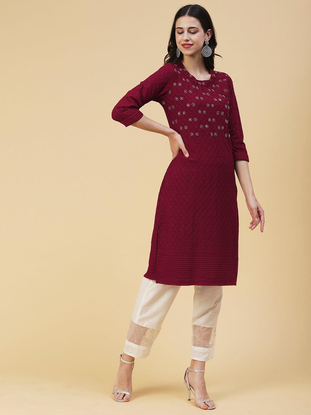 Solid Floral Hand Embroidered Straight Fit Kurta - Maroon - Indiakreations