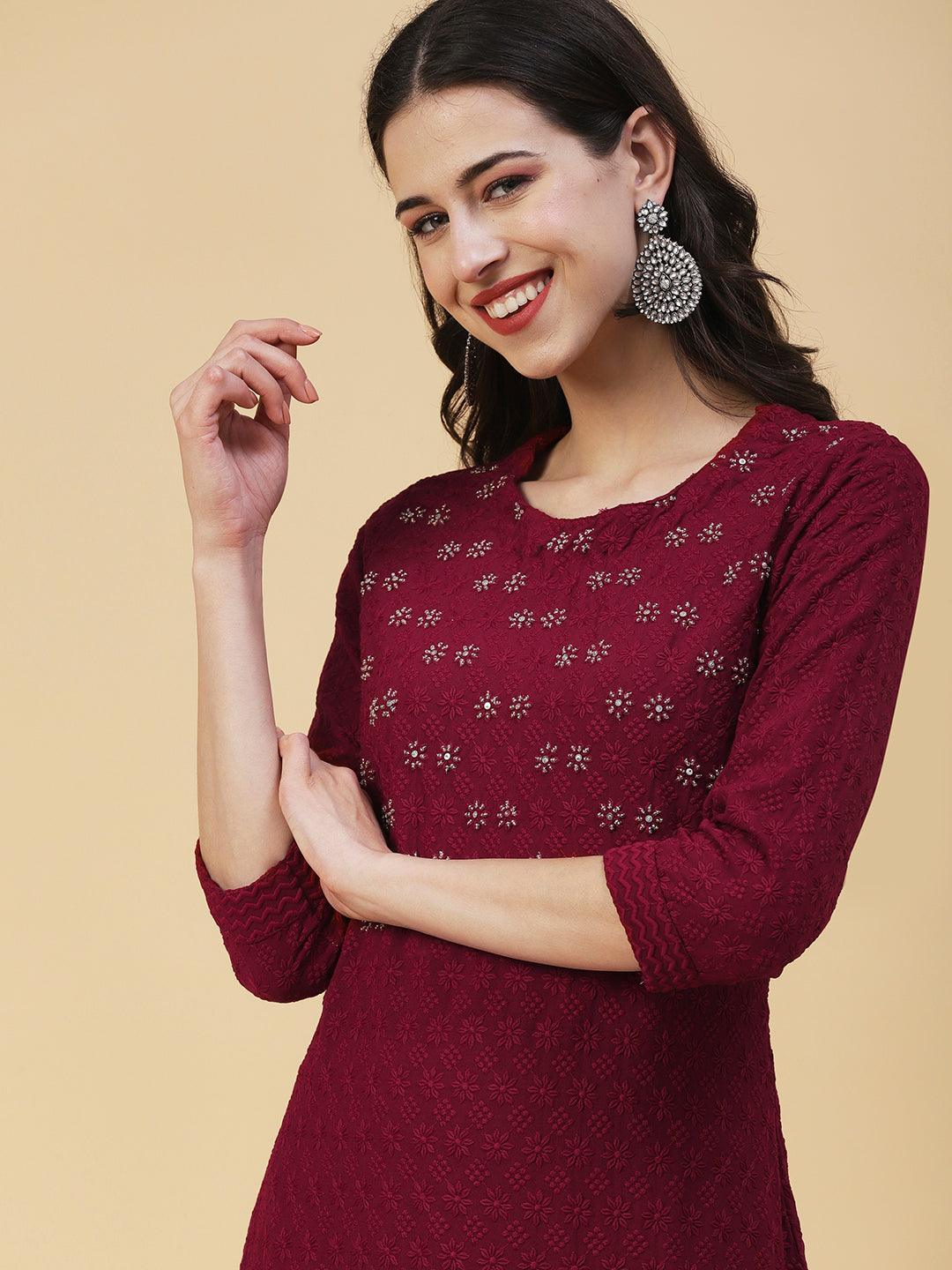 Solid Floral Hand Embroidered Straight Fit Kurta - Maroon - Indiakreations