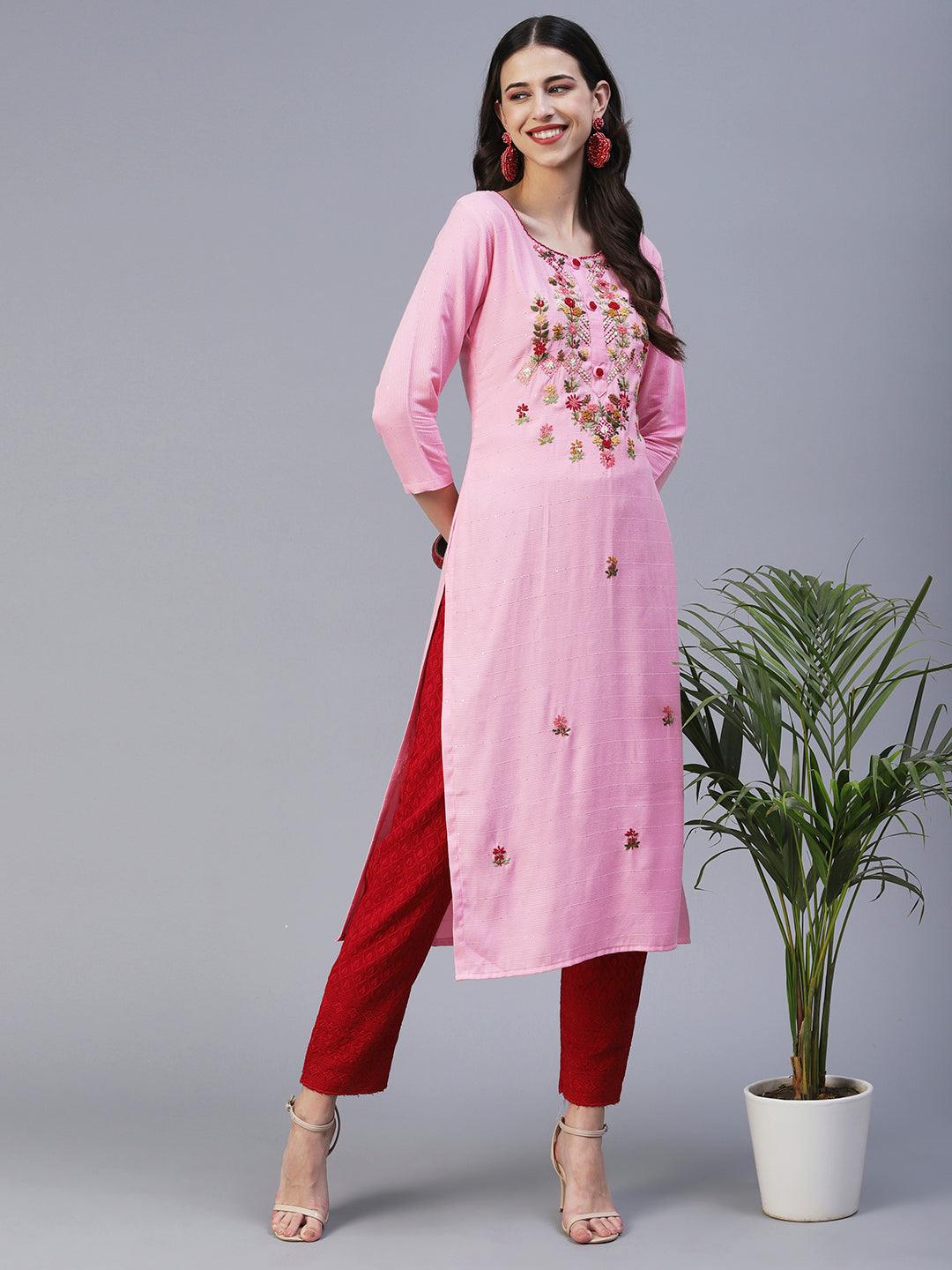 Floral Hand Embroidered Straight Fit Kurta - Pink - Indiakreations