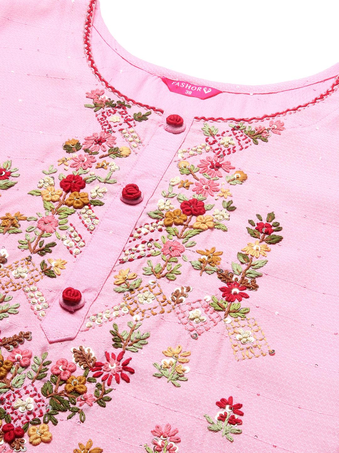 Floral Hand Embroidered Straight Fit Kurta - Pink - Indiakreations